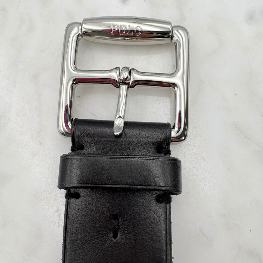 Polo Ralph Lauren Leather Belt Womens XL Black Silver Roller Buckle Classic CBK - Picture 7 of 12